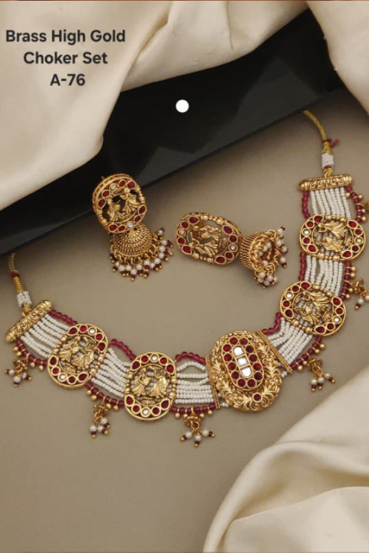 Brass High Gold Rajwadi Temple Choker Set with Red Beads & Earrings