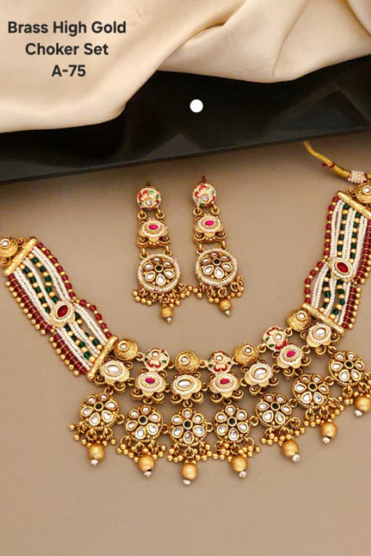 Brass High Gold Designer Rajwadi Choker Set with Earrings
