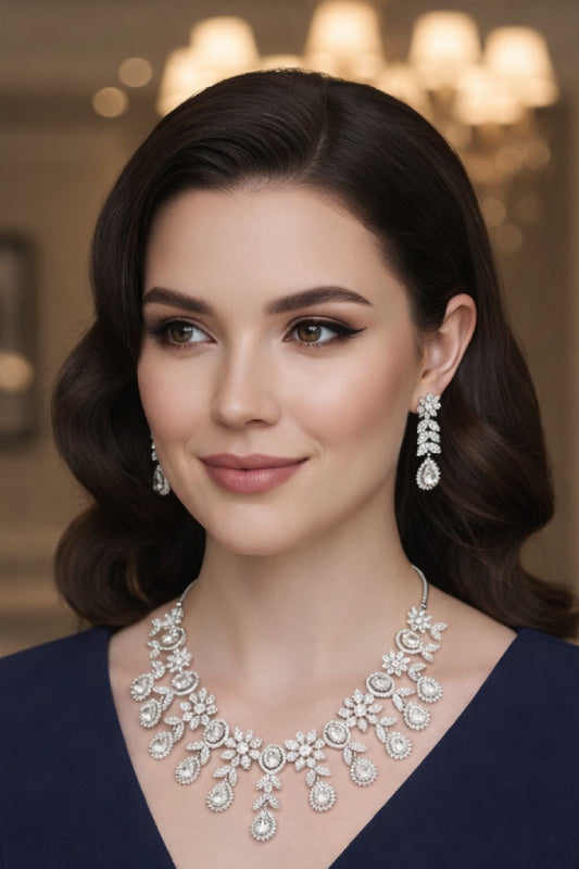 Majestic Silver-Finish Grand Bridal Choker & Long Haar Necklace Set with Ornate Floral Stone Pavé