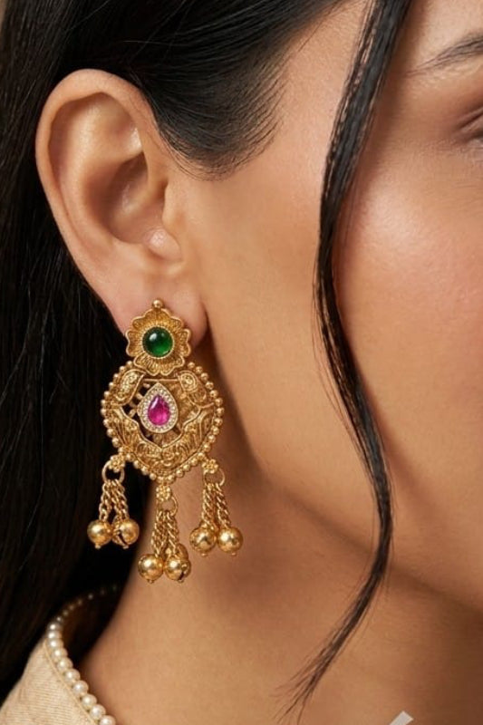 Designer Ethnic Drop Earrings – Traditional Gold Hanging Earrings for Women