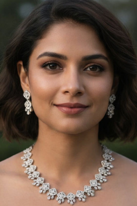 Royal Emerald-Green Teardrop Pendant Necklace Set with Shimmering Halo Accent Earrings