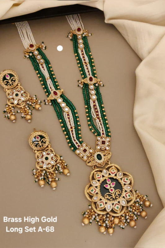 Brass High Gold Rajwadi Long Mala Necklace Set with Multicolor Beads & Earrings