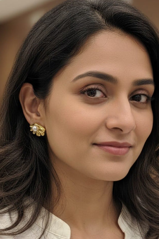 Golden Leaf Pearl Stud Earrings – Elegant Designer Earrings for Women