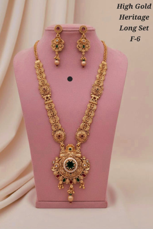 Temple Style Gold Look Long Necklace Set with Green Stone Pendant & Earrings