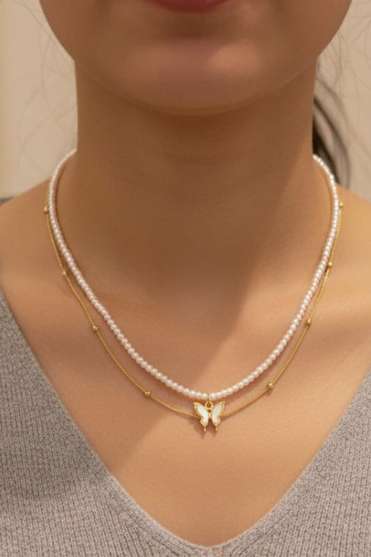 Chic Layered Faux Pearl & Gold-Finish Butterfly Pendant Necklace