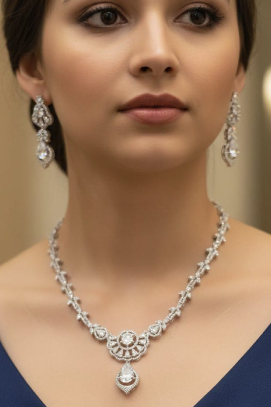 Modern V-Shaped Rose Gold Finish Necklace Set with Geometric Stone Detailing