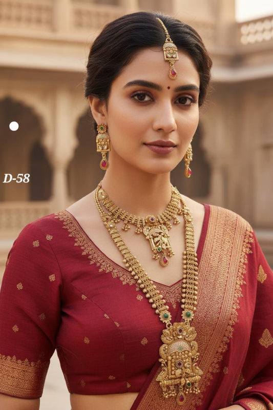 Brass High Gold Rajwadi Bridal Layered Necklace Set with Maang Tikka