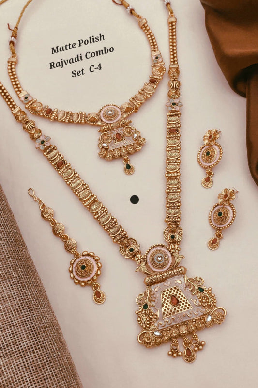 Matte Gold Rajwadi Combo Jewelry Set C-4 for Women – Traditional Long Necklace with Earrings