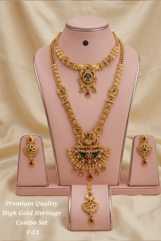Antique Gold Plated Temple Jewelry Set for Women | Bridal Imitation Necklace Set with Earrings & Pendant