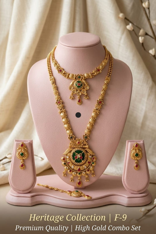 Traditional Gold-Look Bridal Necklace Set with Earrings & Bracelet | Heritage Jewelry Combo Set