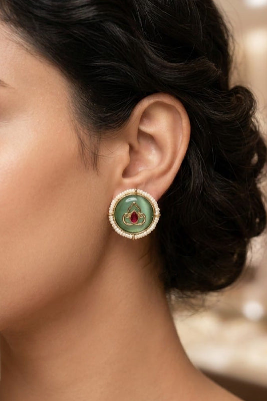 Green Stone Designer Stud Earrings – Traditional Round Pearl Border Earrings for Women