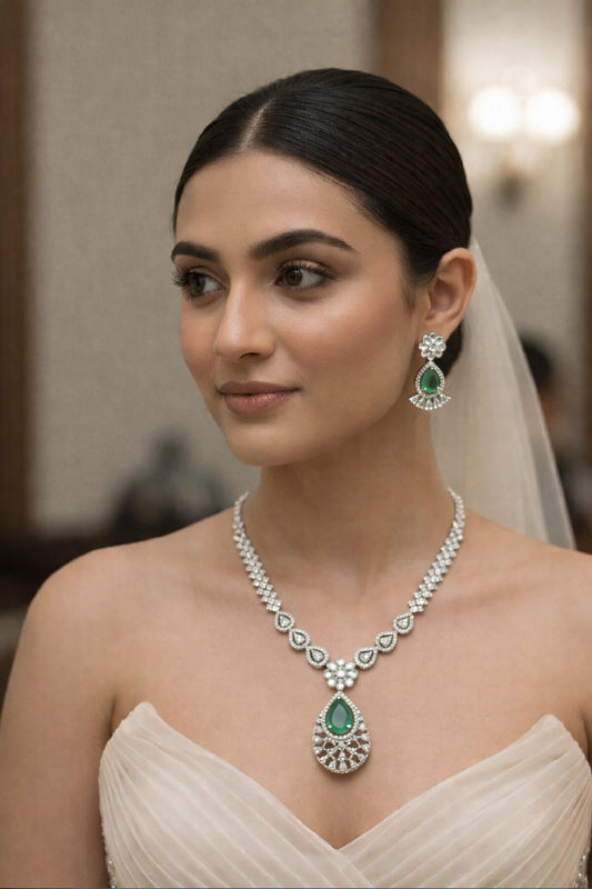 Contemporary Silver-Finish Marquise Cluster Necklace Set with Elegant Tapered Drop Earrings