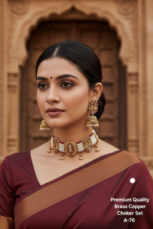 Premium Quality Brass Copper Rajwadi Choker Necklace Set with Earrings