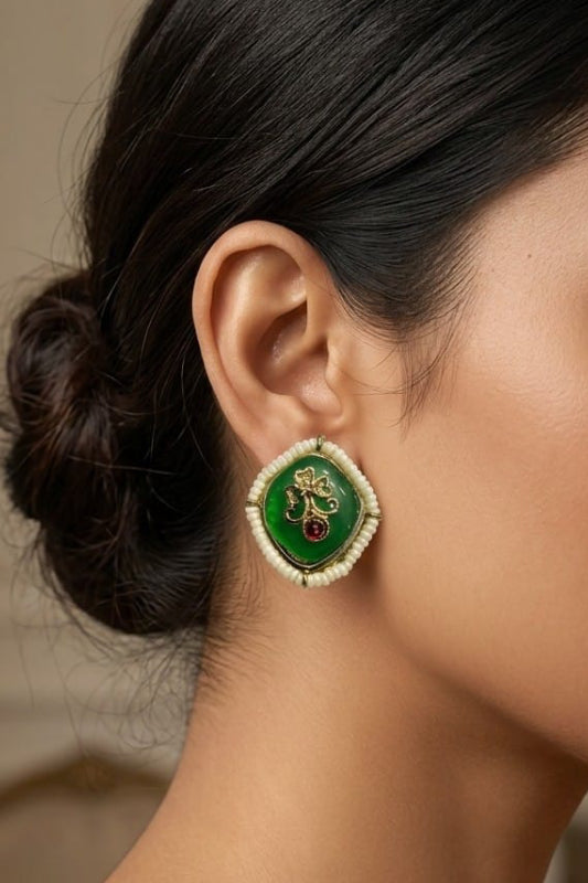 Green Designer Stud Earrings – Traditional Pearl Border Ethnic Earrings for Women