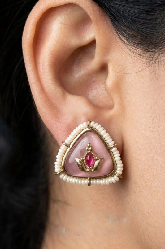 Pink Triangle Designer Stud Earrings – Pearl Border Traditional Earrings for Women
