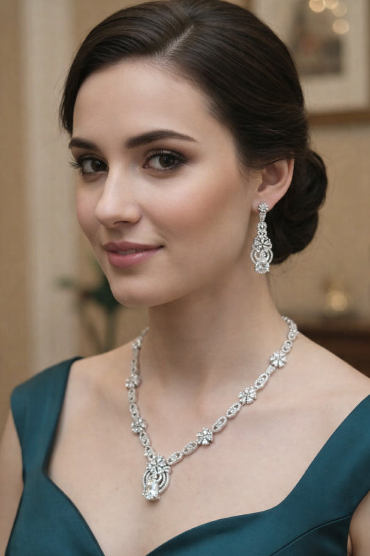 Contemporary Silver-Finish Floating Marquise Cluster Necklace Set with Teardrop Halo Earrings