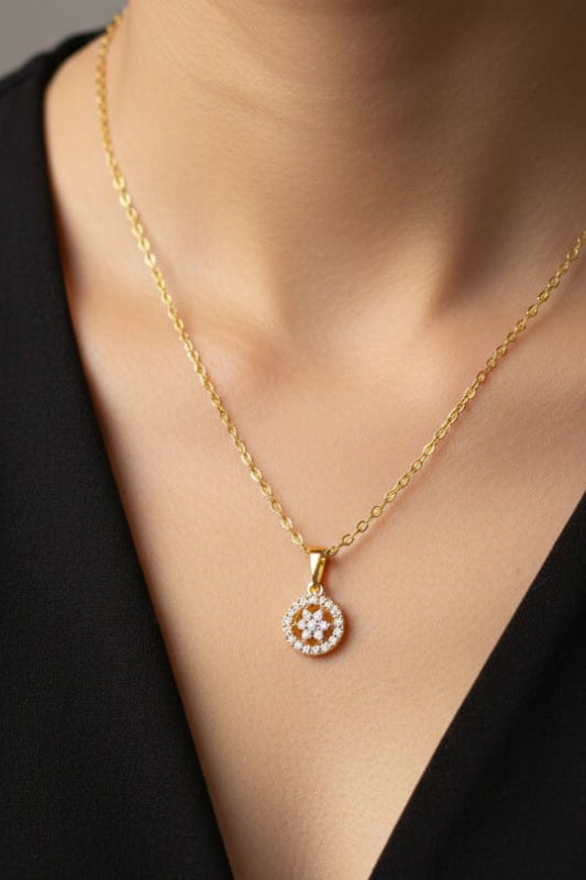Crystal Round Pendant Gold Necklace – Elegant Circle Pendant Necklace for Women