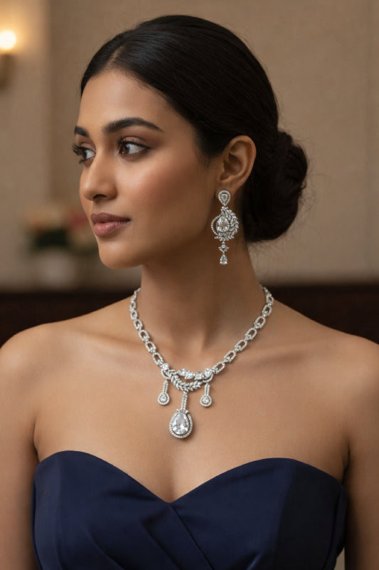 Majestic Silver-Finish Cascading Bridal Choker Set with Intricate Floral Stone Clusters