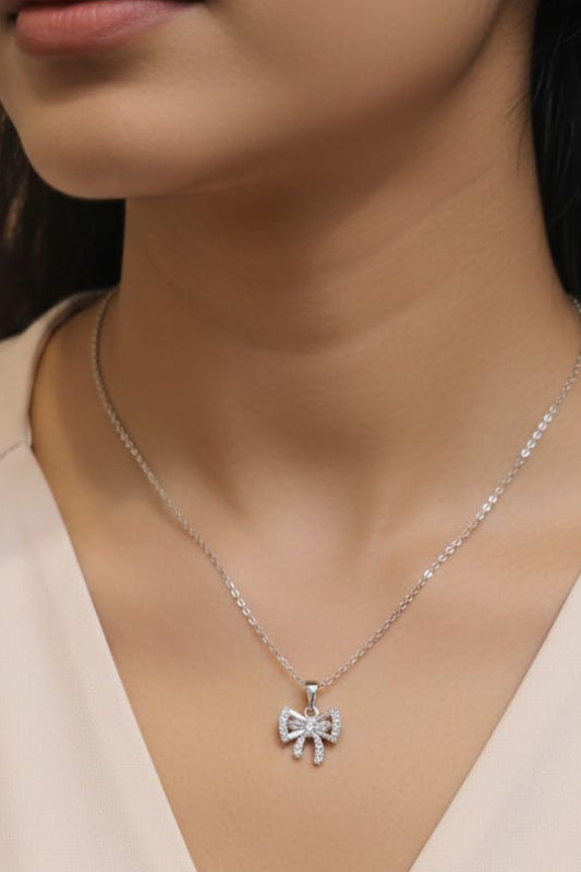 Crystal Bow Pendant Silver Necklace – Elegant Bow Design Necklace for Women