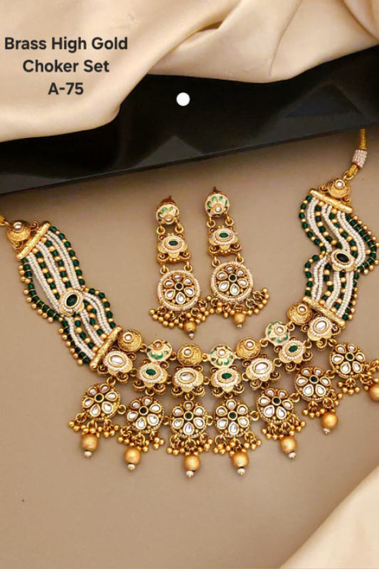 Brass High Gold Designer Rajwadi Choker Set with Green Beads & Earrings