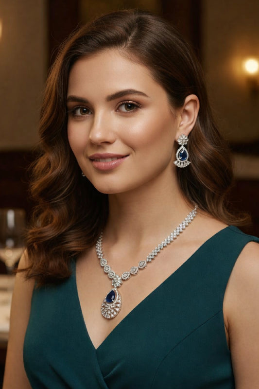 Dainty Silver-Finish Marquise Petal Necklace Set with Shimmering Stone Studded Drop Earrings