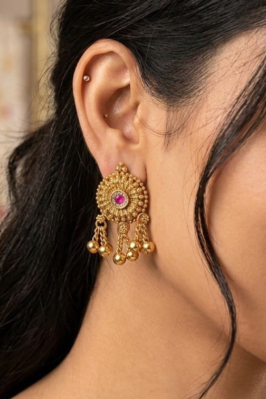 Traditional Round Jhumka Earrings – Gold Ethnic Hanging Earrings for Women