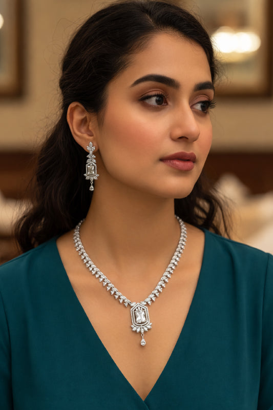 Regal Silver-Finish Intricate Floral Choker Set with Multi-Tiered Cascading Stone Drops