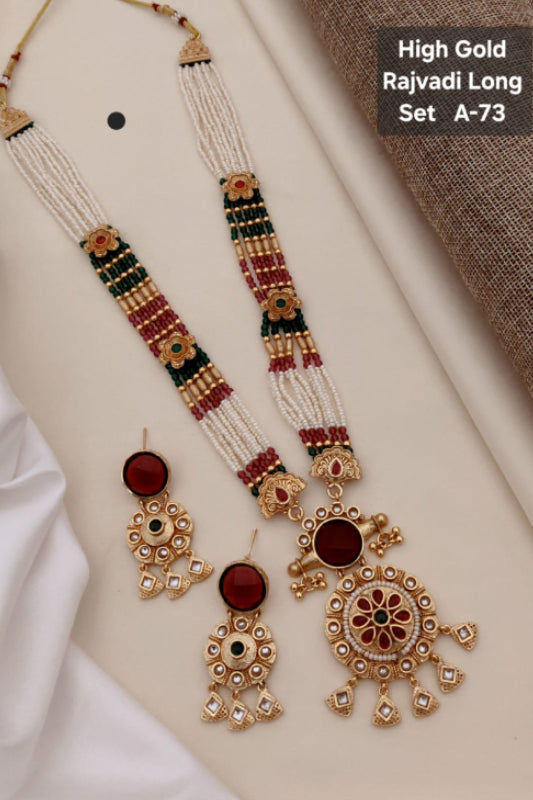 High Gold Rajwadi Long Mala Necklace Set with Statement Pendant & Earrings
