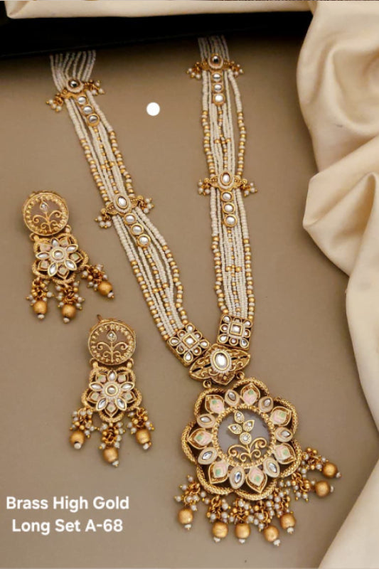 Brass High Gold Designer Long Mala Necklace Set with Earrings