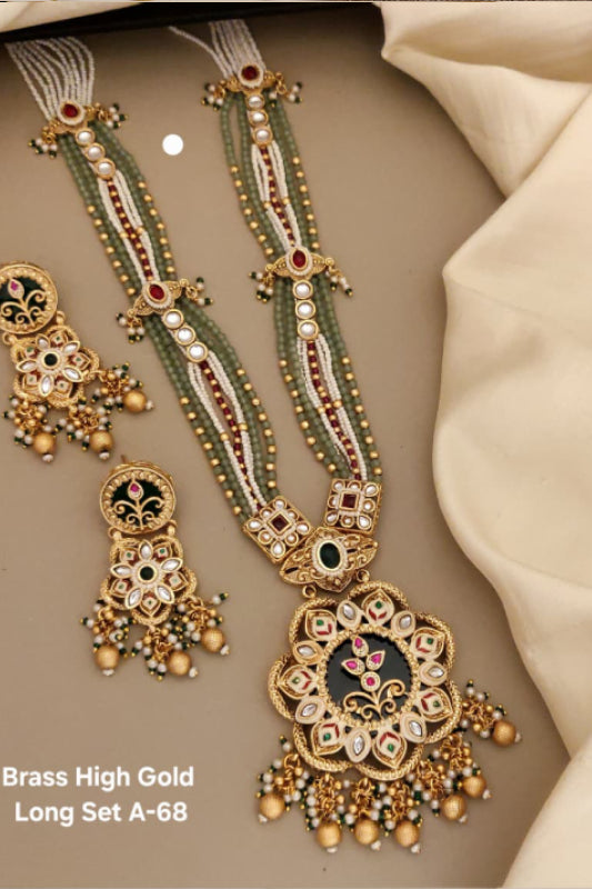 Brass High Gold Designer Long Mala Necklace Set with Green Beads & Earrings