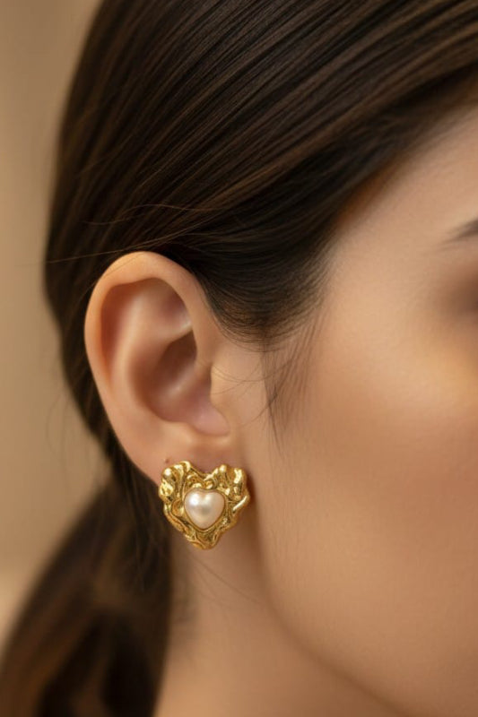 Gold Heart Pearl Stud Earrings – Elegant Designer Earrings for Women