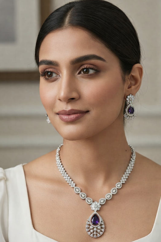 Elegant American Diamond Purple Stone Necklace Set for Women | Party & Wedding Jewelry Set