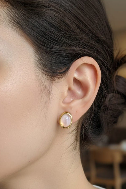 Minimal Oval Pearl Stud Earrings – Elegant Gold Finish Earrings for Women