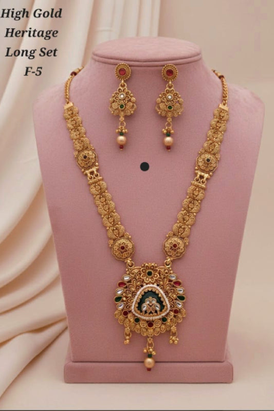 High Gold Heritage Designer Long Necklace Set with Earrings
