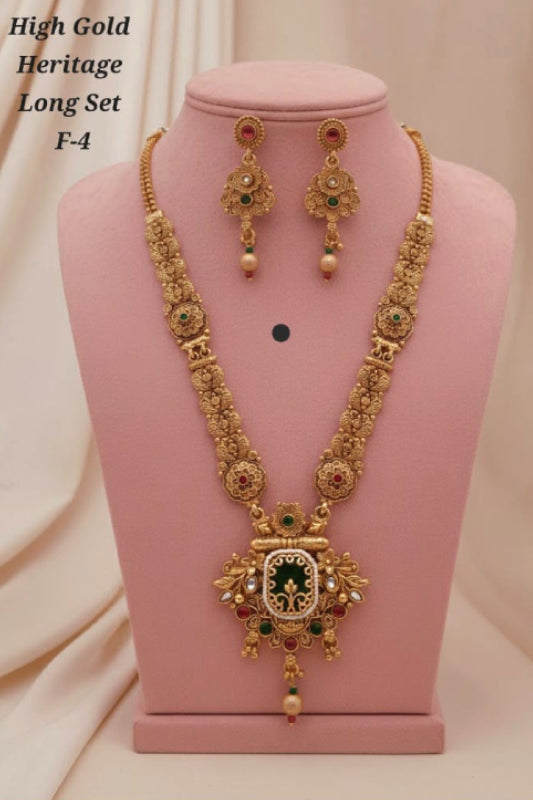 High Gold Heritage Designer Long Necklace Set with Earrings