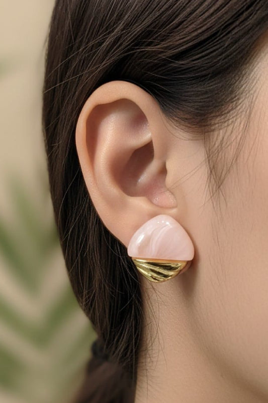 Pink Shell Half Moon Stud Earrings – Modern Gold Designer Earrings for Women