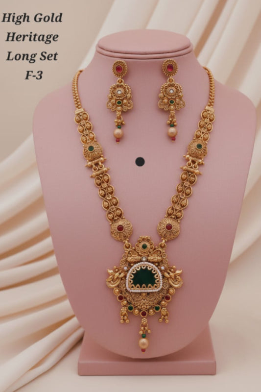 High Gold Heritage Designer Long Necklace Set with Earrings
