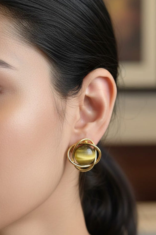 Golden Sphere Orbit Stud Earrings – Modern Designer Earrings for Women