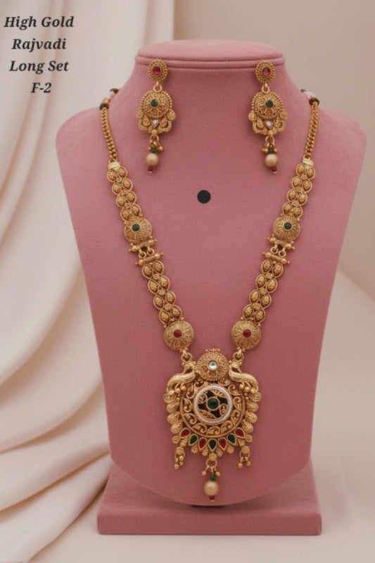 High Gold Rajwadi Designer Long Necklace Set with Earrings