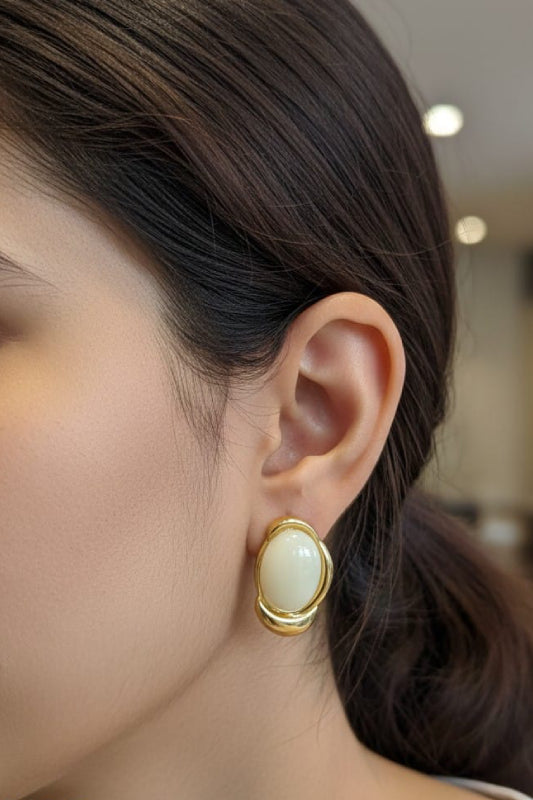 Ivory Stone Gold Frame Stud Earrings – Elegant Designer Earrings for Women