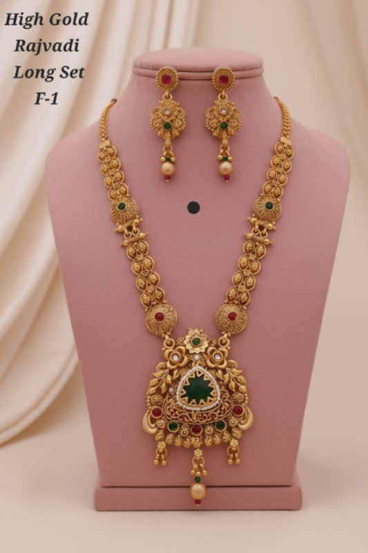 High Gold Rajwadi Long Necklace Set with Earrings for Women – Traditional Bridal Imitation Jewelry