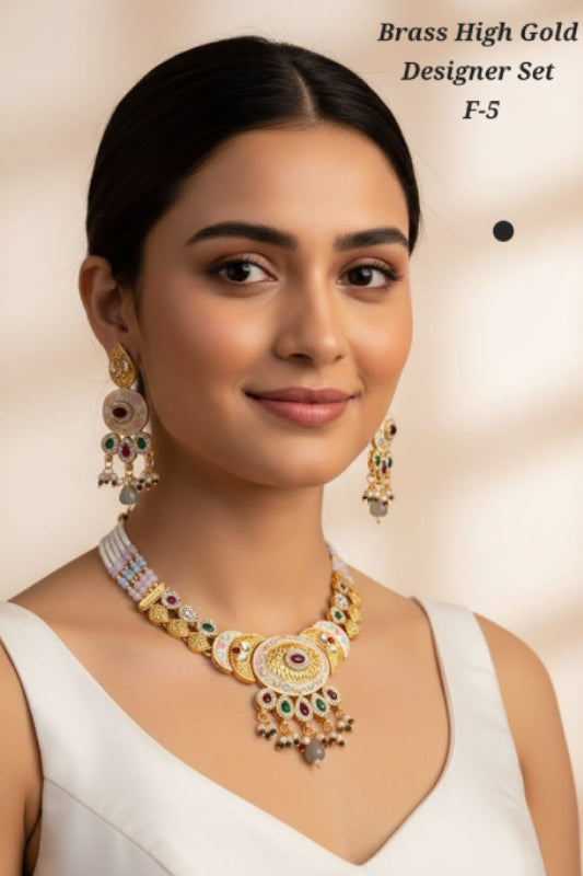 Brass High Gold Designer Necklace Set with Earrings for Women – Traditional Imitation Jewelry
