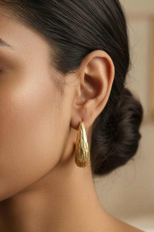 Textured Gold Teardrop Hoop Earrings – Elegant Designer Earrings for Women