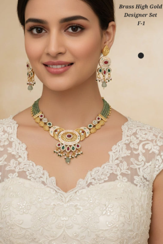 Brass High Gold Designer Necklace Set with Earrings for Women – Traditional Imitation Jewelry