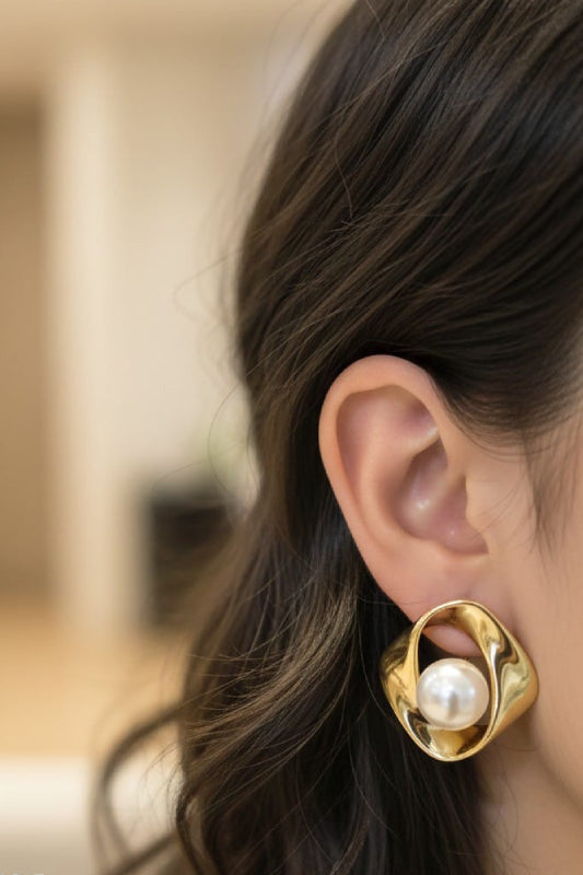 Modern Gold Pearl Statement Stud Earrings – Designer Fashion Earrings for Women