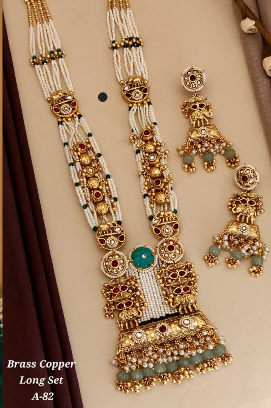 Brass Copper Long Pearl Necklace Set (A-82)