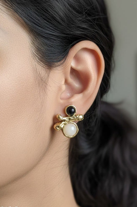 Black & Pearl Abstract Gold Stud Earrings – Modern Designer Earrings for Women