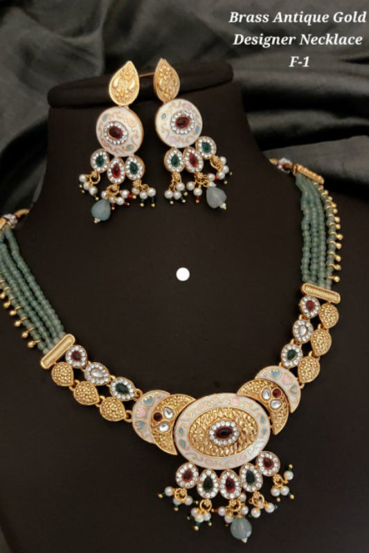 Brass Antique Gold Designer Necklace Set with Earrings