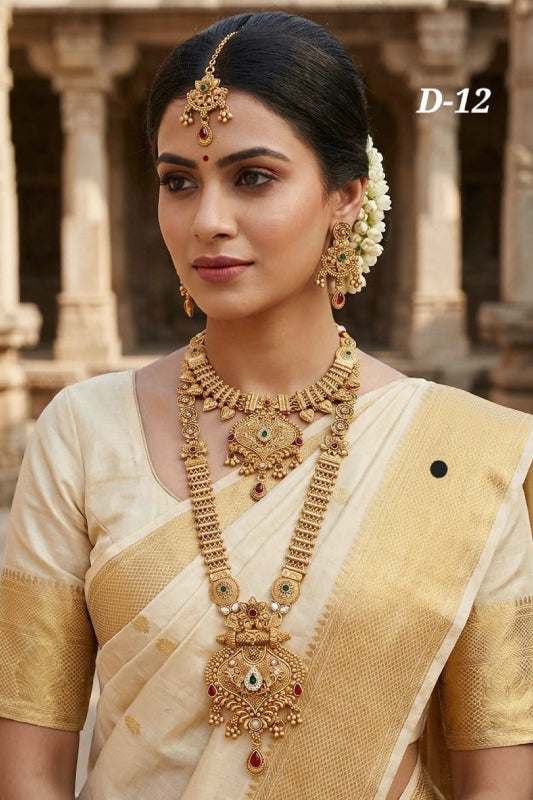 Brass High Gold Bridal Rajwadi Layered Necklace Set with Maang Tikka