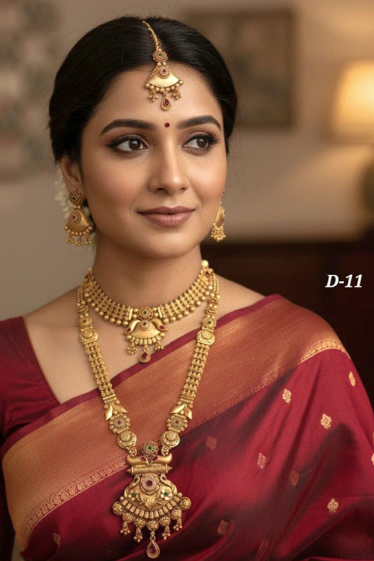 Brass High Gold Bridal Rajwadi Layered Necklace Set with Maang Tikka